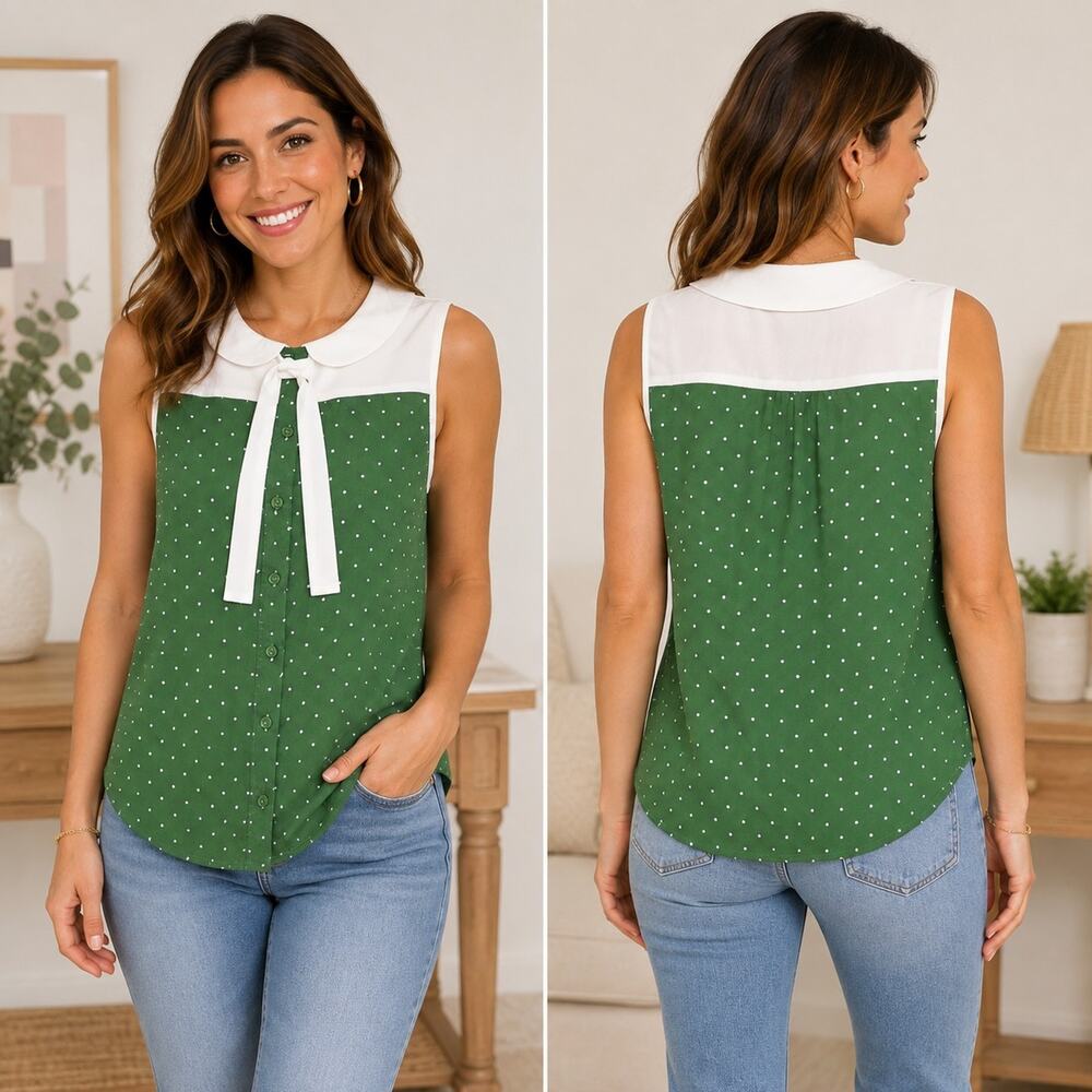 Tulip B Womens Small Green Polka Dot Peter Pan Collar Tie Neck Blouse NWT